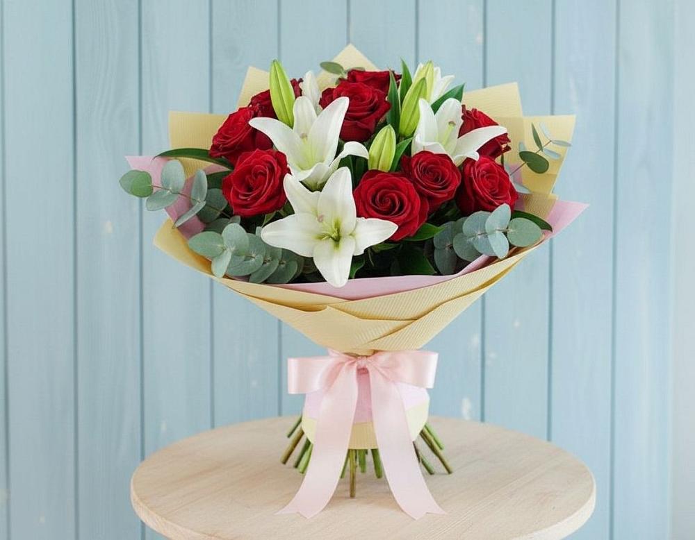 Букет цветов из: Лилии и Розы в Ильинке Новокузнецк